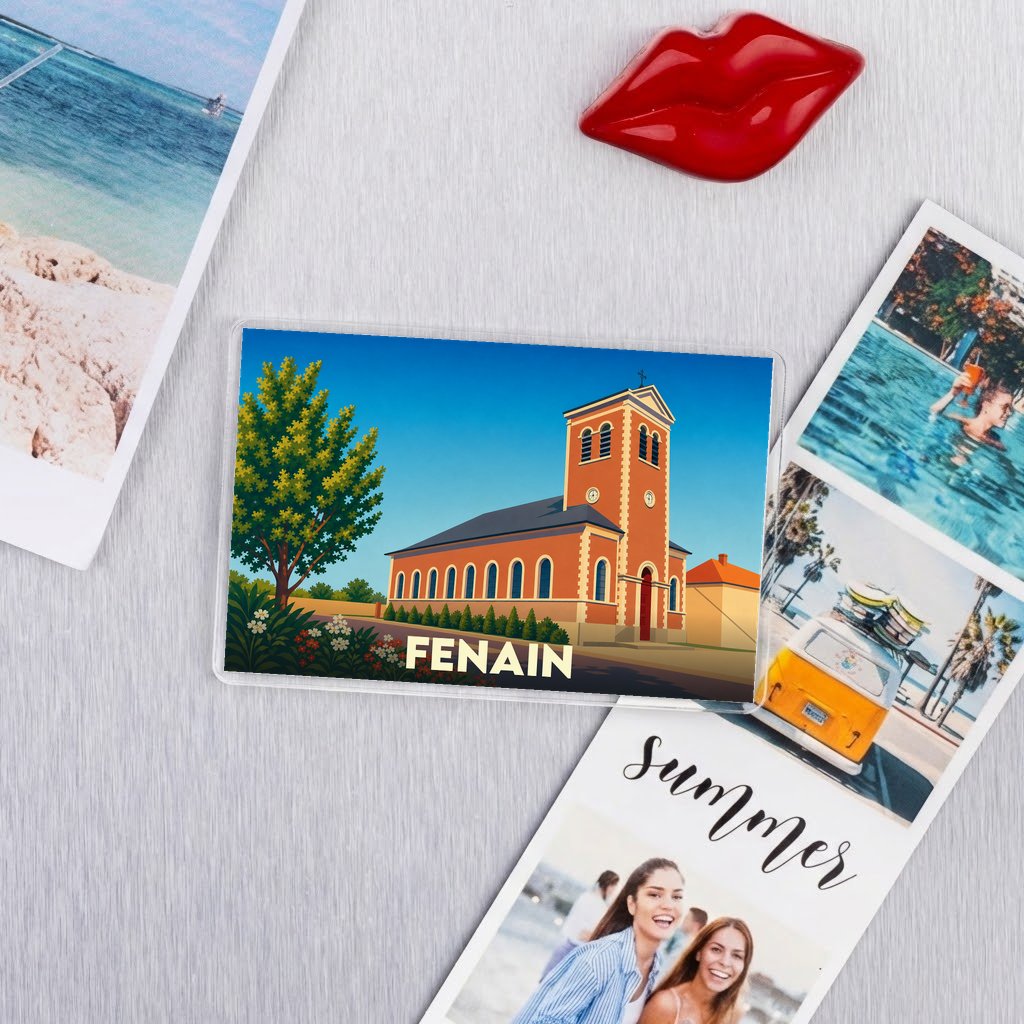 Magnet souvenir de la ville de Fenain avec une illustration stylisée de son église.
