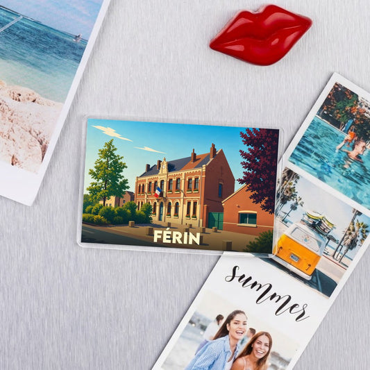 Magnet souvenir de la ville de Férin avec une illustration stylisée de sa mairie.