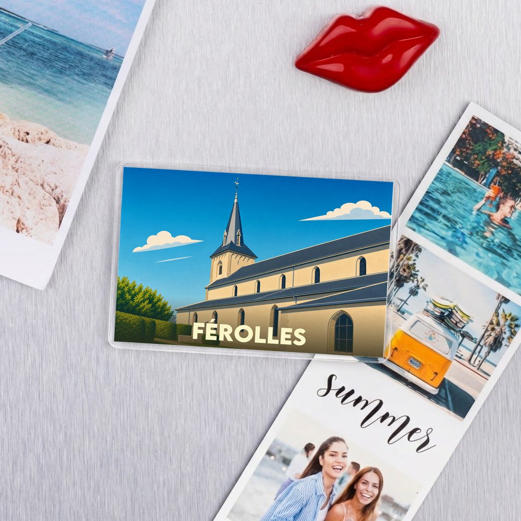 Magnet souvenir de la ville de Férolles avec une illustration stylisée de son église.