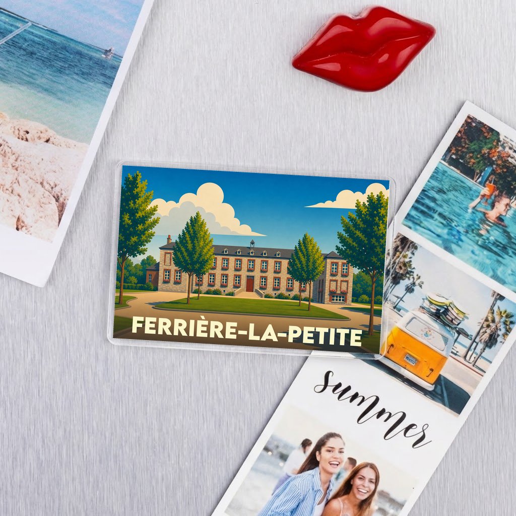 Magnet souvenir de la ville de Ferrière-la-Petite avec une illustration stylisée.