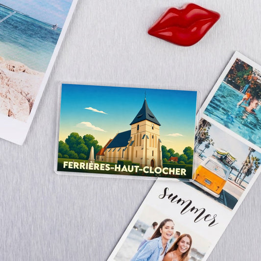 Magnet souvenir de Ferrières-Haut-Clocher avec une illustration stylisée de son église.