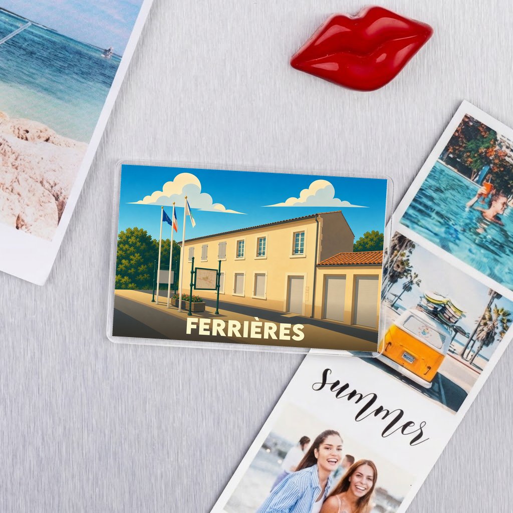 Magnet souvenir de la ville de Ferrières avec une illustration stylisée de sa mairie.