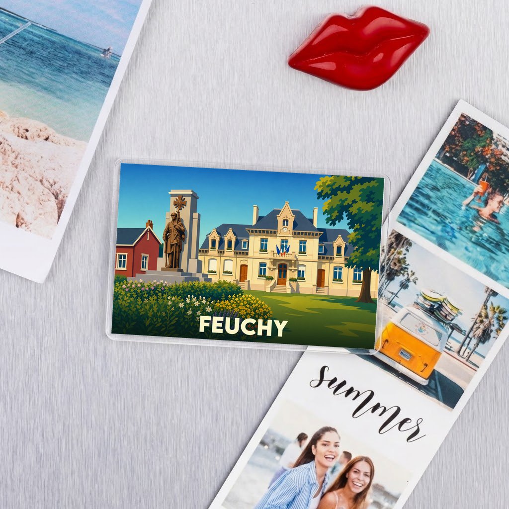 Magnet souvenir de la ville de Feuchy avec une illustration stylisée de sa mairie et de son monument aux morts.