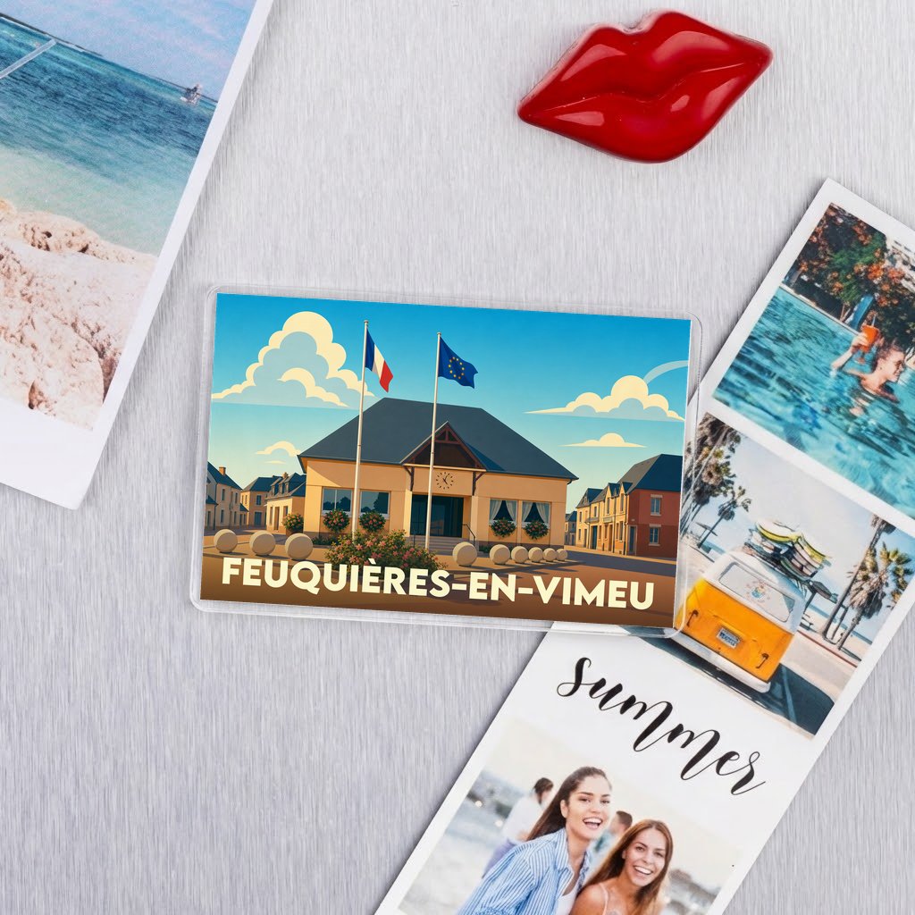 Magnet souvenir de la ville de Feuquières-en-Vimeu avec une illustration stylisée de sa mairie.