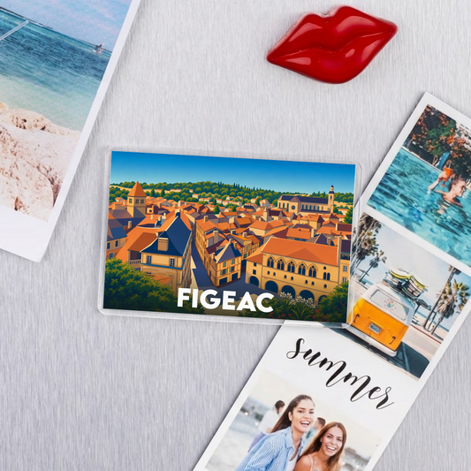 Magnet souvenir de la ville de Figeac avec une illustration stylisée de ses toits.
