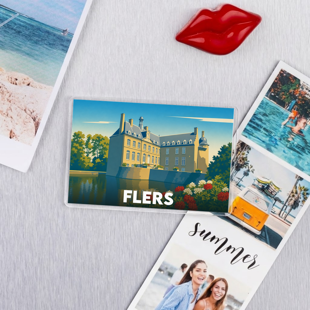 Magnet souvenir de la ville de Flers avec une illustration stylisée de son château au bord de l'eau.
