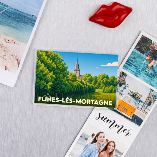 Magnet souvenir de la ville de Flines-lès-Mortagne avec une illustration stylisée d'un clocher et de paysages verdoyants.