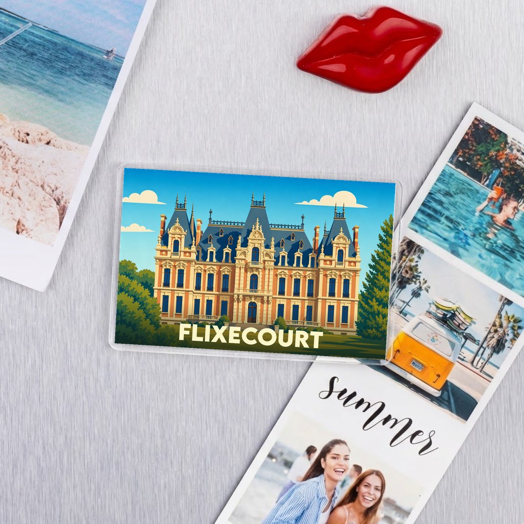 Magnat souvenir de la ville de Flixecourt avec une illustration stylisée de son château.