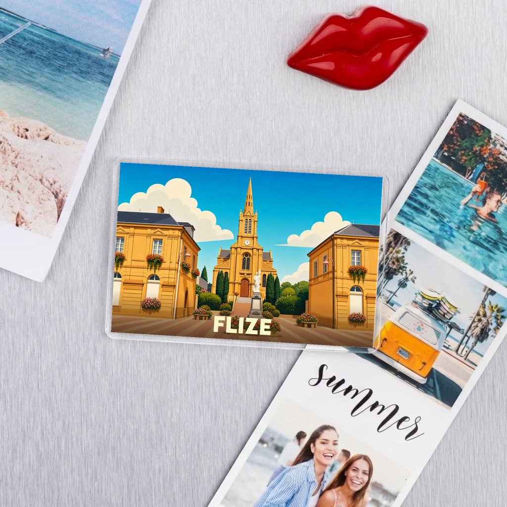 Magnet souvenir de la ville de Flize avec une illustration stylisée.