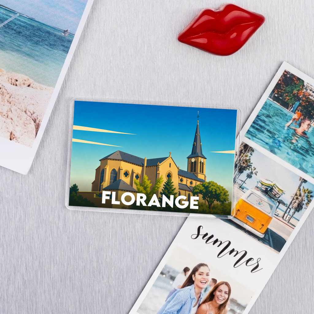 Magnet souvenir de la ville de Florange avec une illustration stylisée de son église.