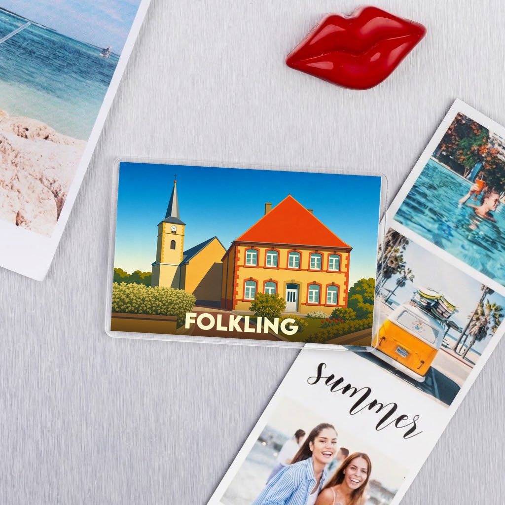 Magnet souvenir de la ville de Folkling avec une illustration stylisée.