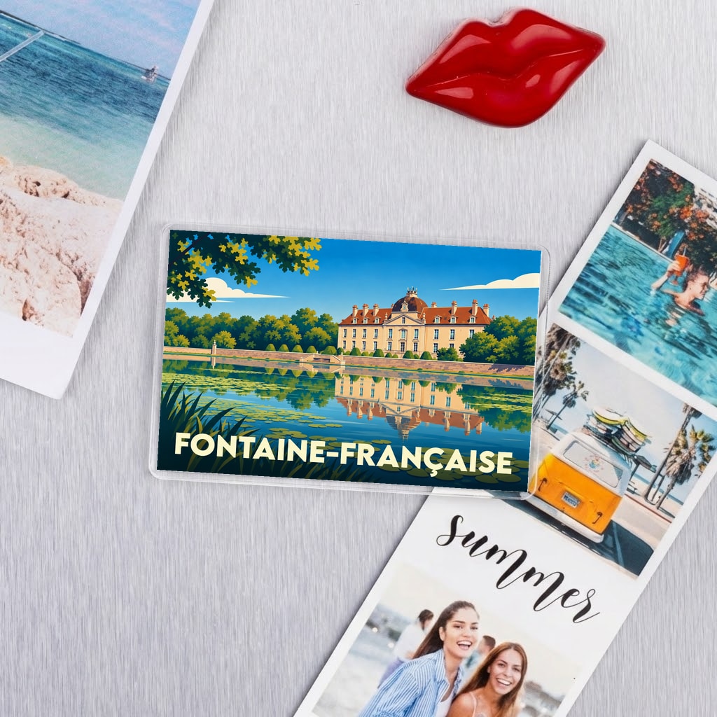 Magnet souvenir de la ville de Fontaine-Française avec une illustration stylisée de son château se reflétant dans l'eau.