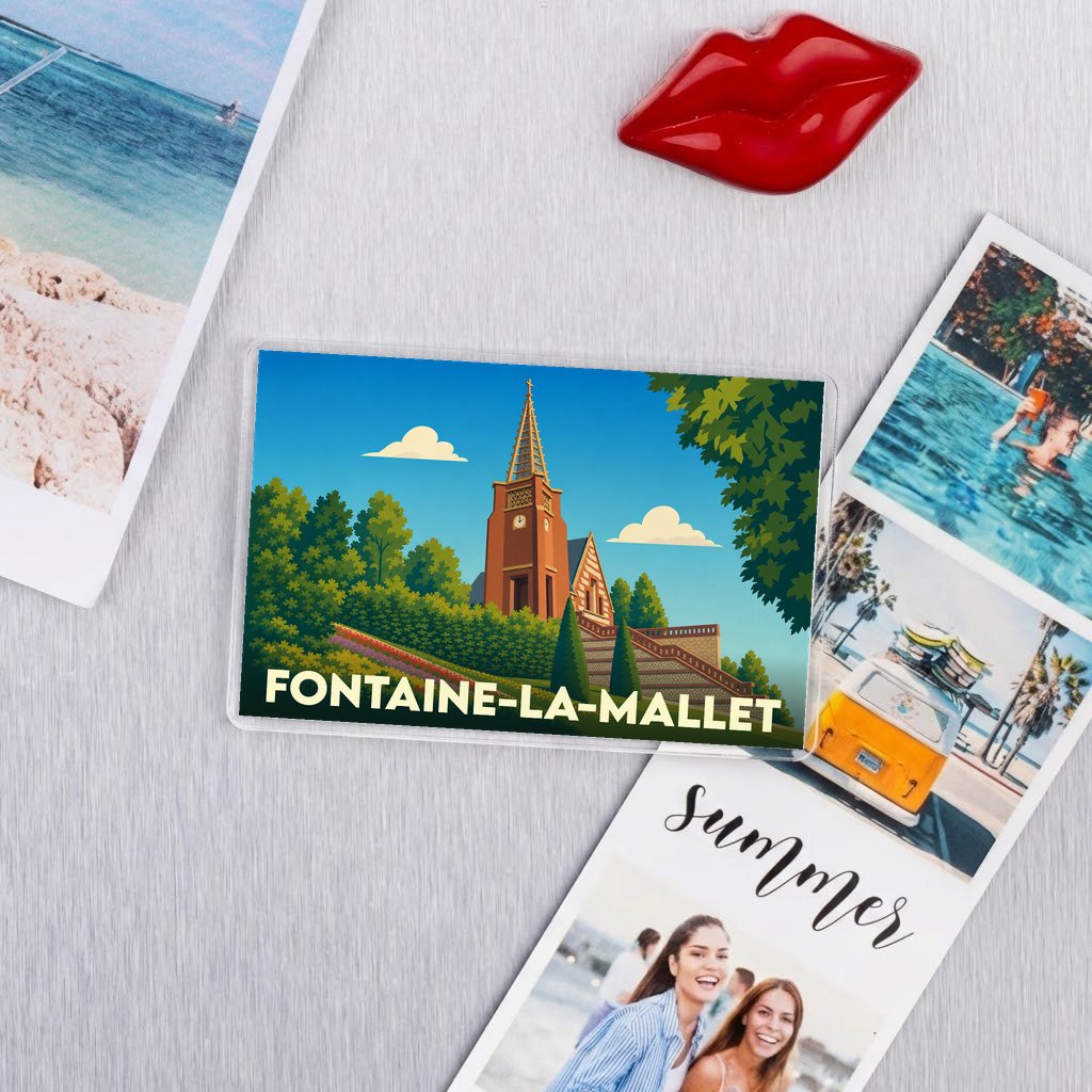 Magnet souvenir de la ville de Fontaine-la-Mallet avec une illustration stylisée d'une église.