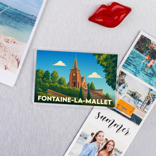Magnet souvenir de la ville de Fontaine-la-Mallet avec une illustration stylisée d'une église.