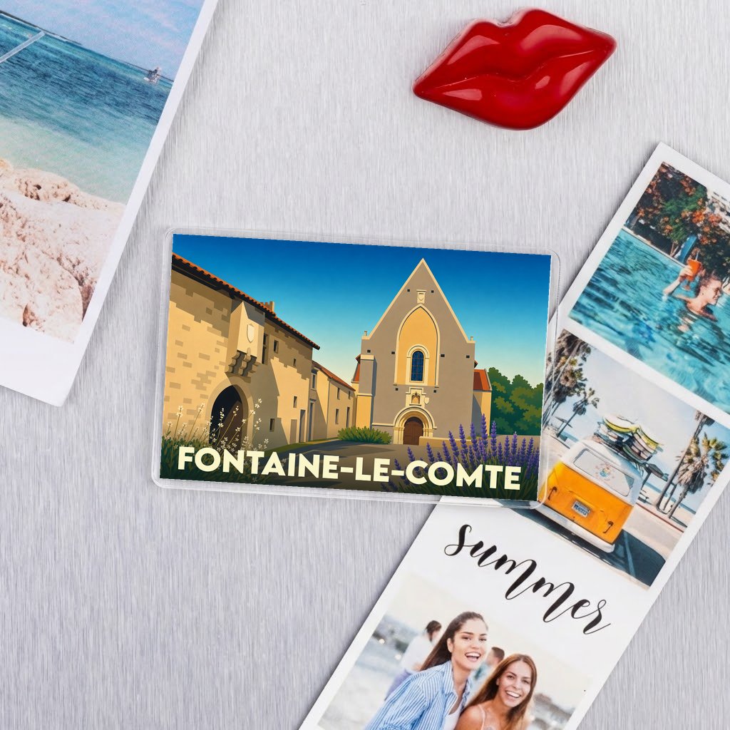 Magnet souvenir de la ville de Fontaine-le-Comte avec une illustration stylisée de son église et de ses bâtiments anciens.