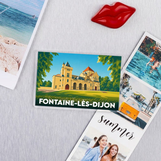 Magnet souvenir de la ville de Fontaine-lès-Dijon avec une illustration stylisée.