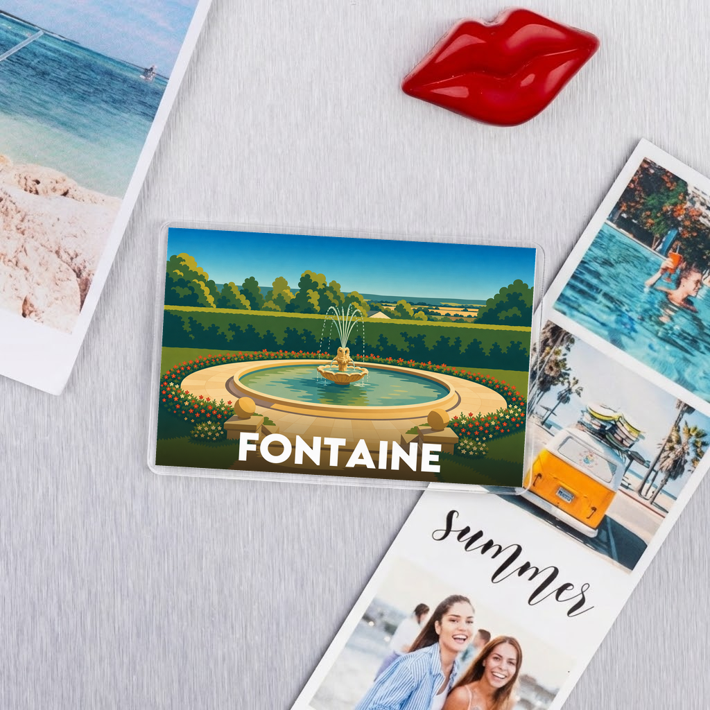 Magnet souvenir de la ville de Fontaine avec une illustration stylisée d'un parc et d'une fontaine.