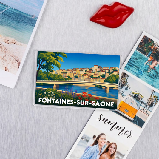 Magnet souvenir de la ville de Fontaines-sur-Saône avec une illustration stylisée.