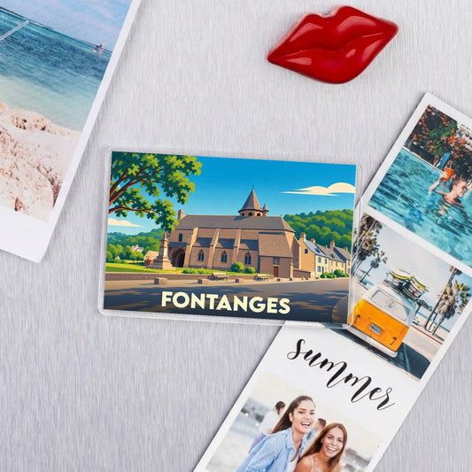 Magnet souvenir de la ville de Fontanges avec une illustration stylisée de son église.