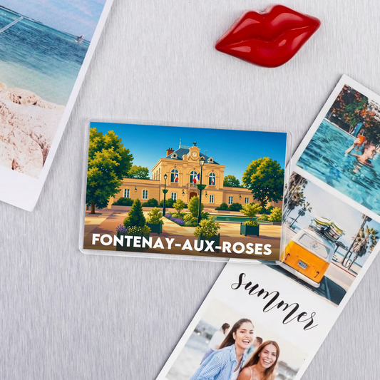 Magnet souvenir de la ville de Fontenay-aux-Roses avec une illustration stylisée de son hôtel de ville.