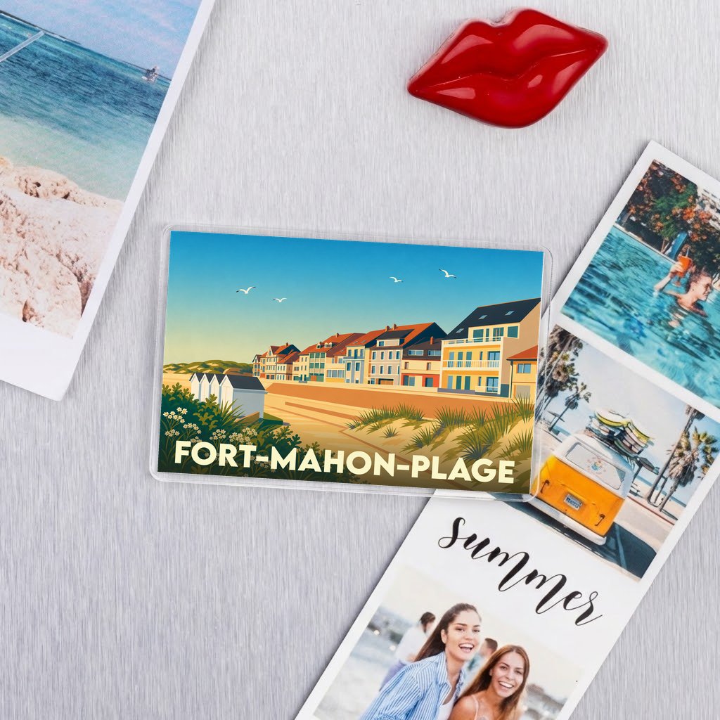 Magnet rectangulaire de la ville de Fort-Mahon-Plage avec une illustration stylisée du front de mer.