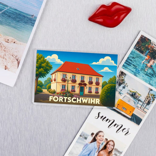 Magnet souvenir de la ville de Fortschwihr avec une illustration stylisée d'une maison traditionnelle alsacienne.