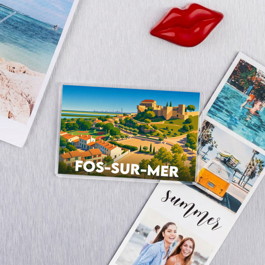 Magnet souvenir de la ville de Fos-sur-Mer avec une illustration stylisée de son paysage.
