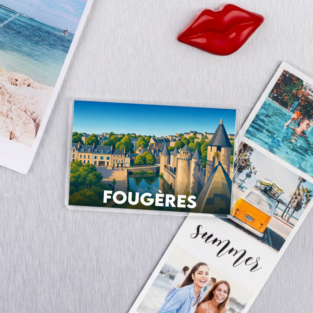 Magnet souvenir de la ville de Fougères avec une illustration stylisée.