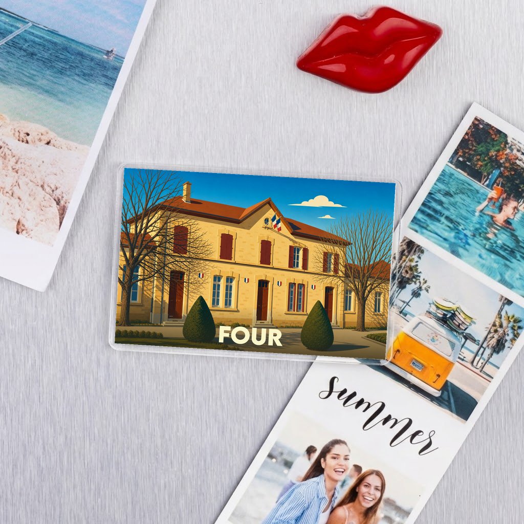 Magnet souvenir de la ville de Four avec une illustration stylisée d'un bâtiment typique.