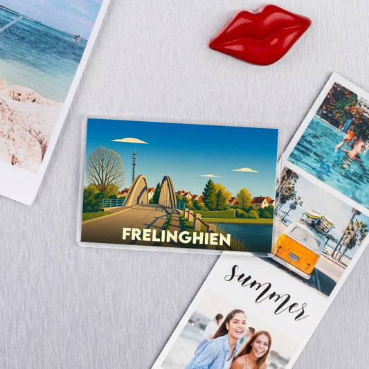 Magnet souvenir de la ville de Frelinghien avec une illustration stylisée de son pont.