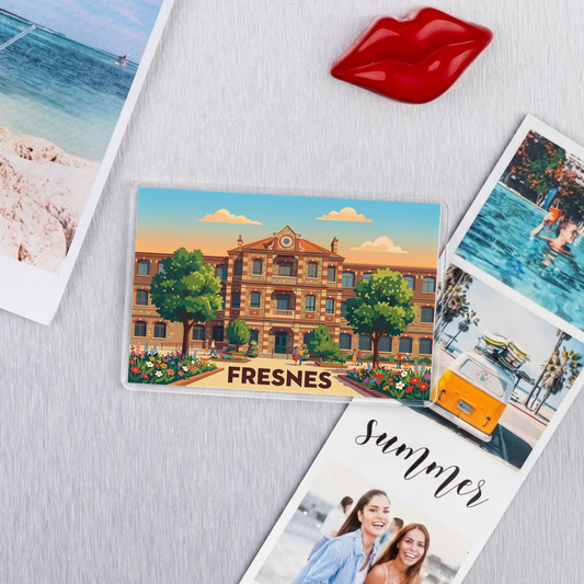 Magnet souvenir de la ville de Fresnes avec une illustration stylisée d'un bâtiment coloré.