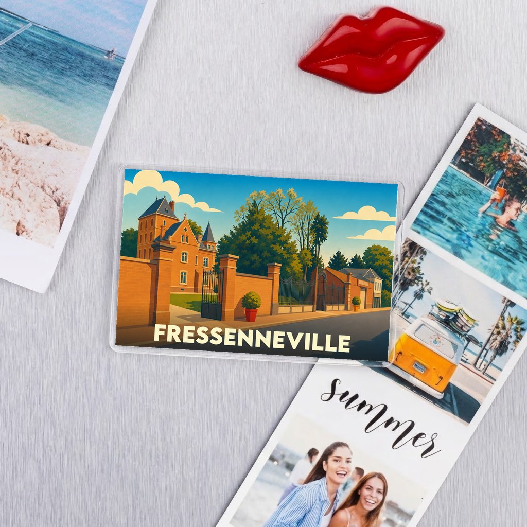 Magnet souvenir de la ville de Fressenneville illustré par un manoir de style rétro.