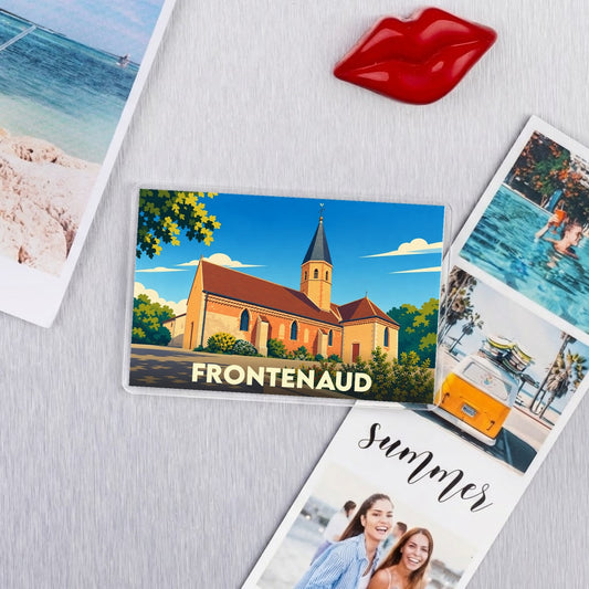 Magnet souvenir de la ville de Frontenaud avec une illustration stylisée de son église.