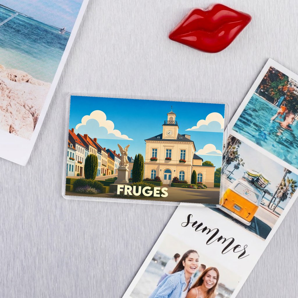 Magnet souvenir de la ville de Fruges avec une illustration colorée de la place de la mairie.