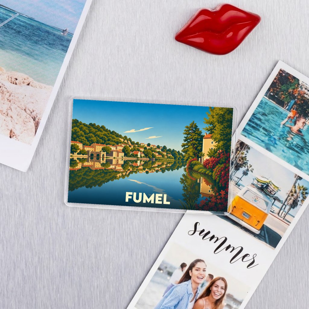 Magnet souvenir de la ville de Fumel avec une illustration stylisée des bords du Lot.