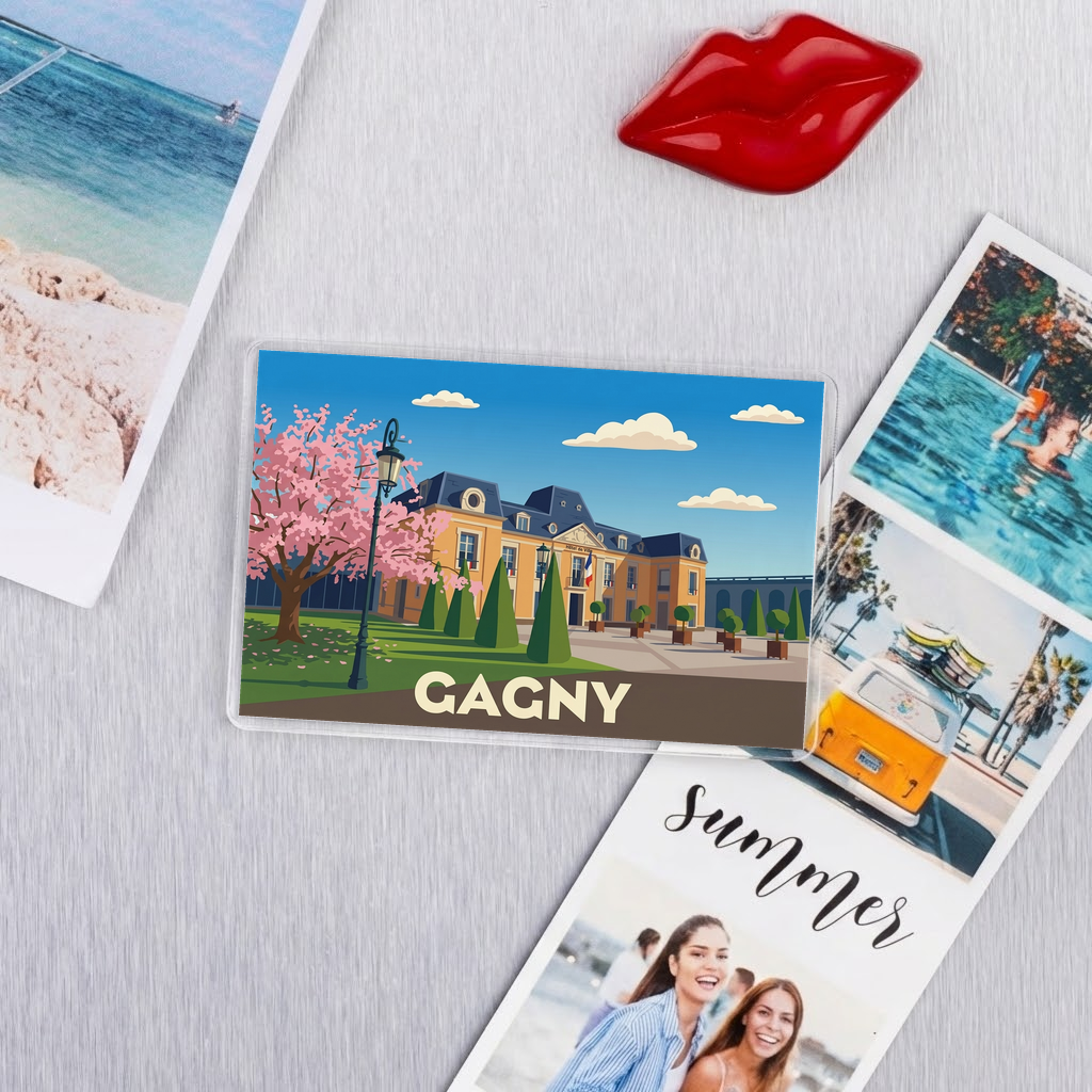 Magnet souvenir de la ville de Gagny avec une illustration stylisée.