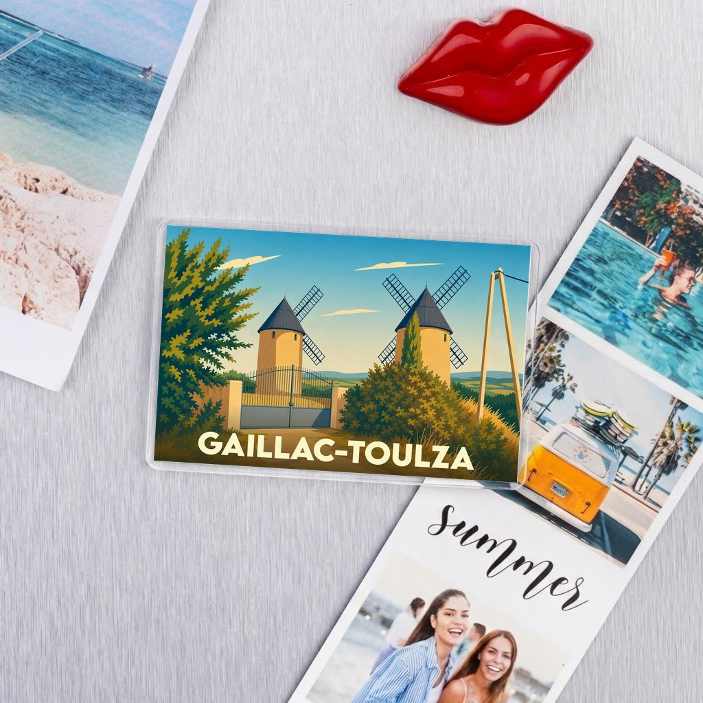 Magnet souvenir de la ville de Gaillac-Toulza avec une illustration stylisée de moulins à vent.
