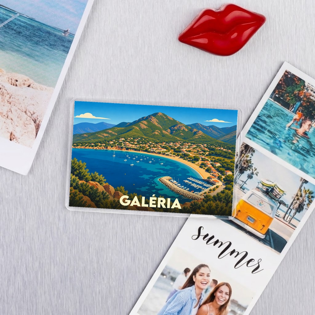 Magnet souvenir de la ville de Galéria avec une illustration stylisée d'un paysage côtier.