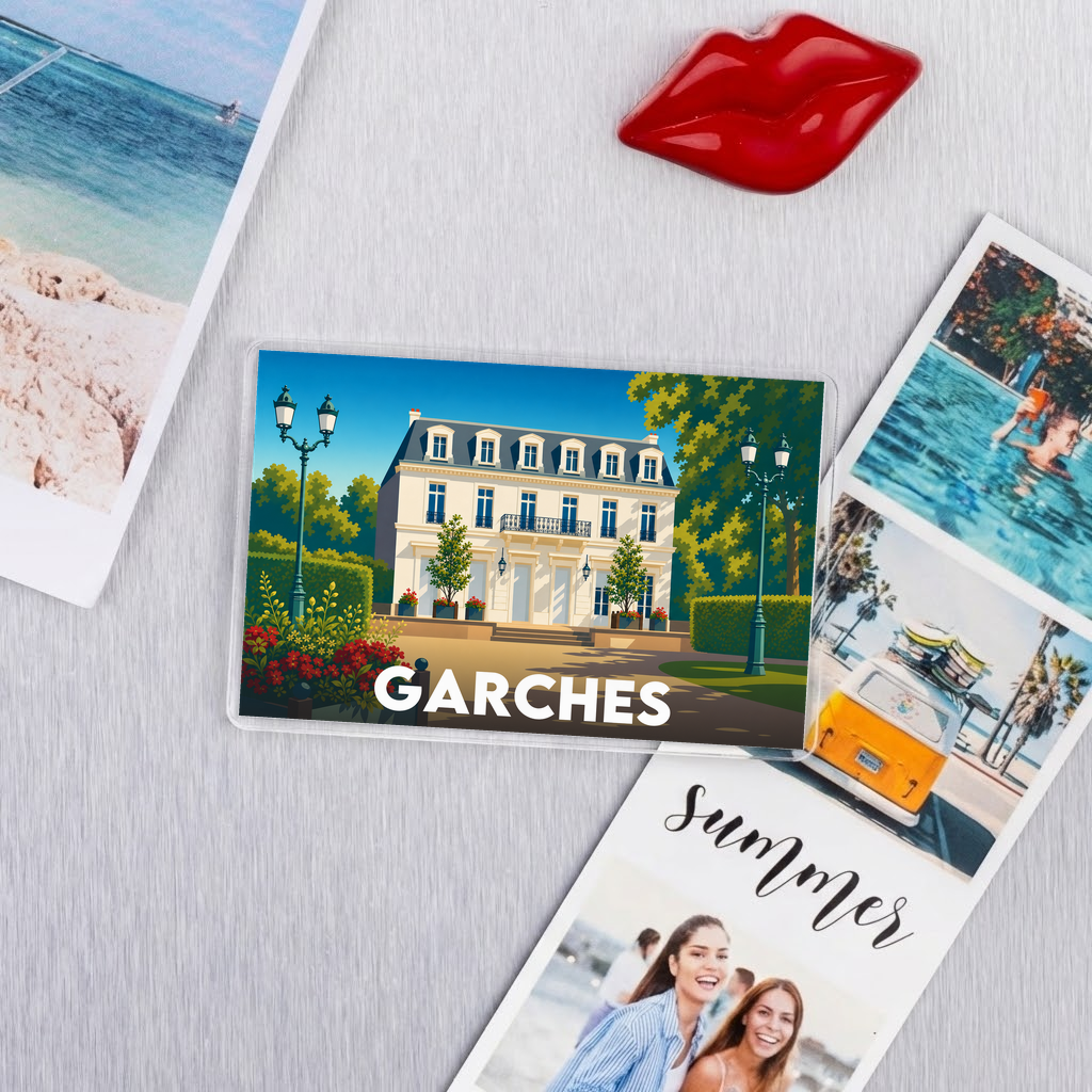 Magnet souvenir de la ville de Garches avec une illustration stylisée d’une demeure élégante.