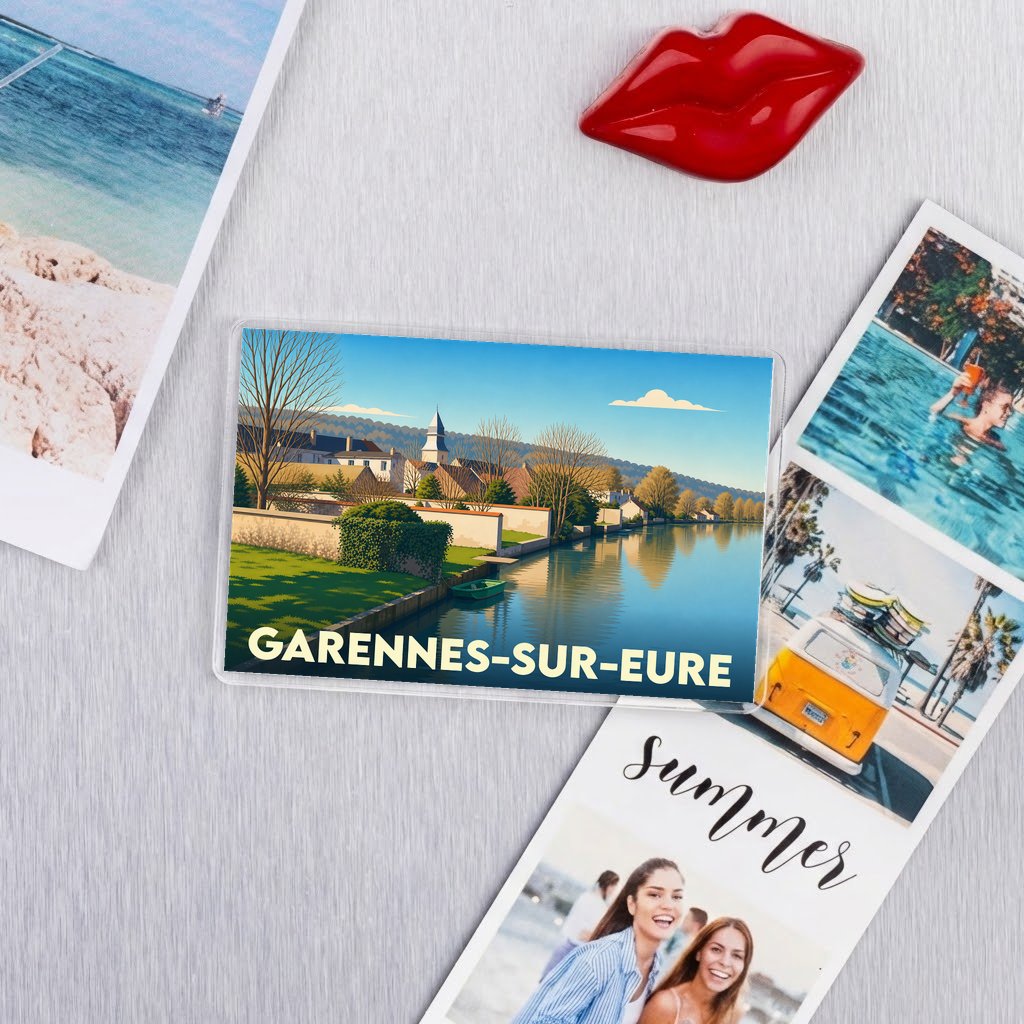 Magnet souvenir de la ville de Garennes-sur-Eure avec une illustration stylisée des bords de l'Eure.