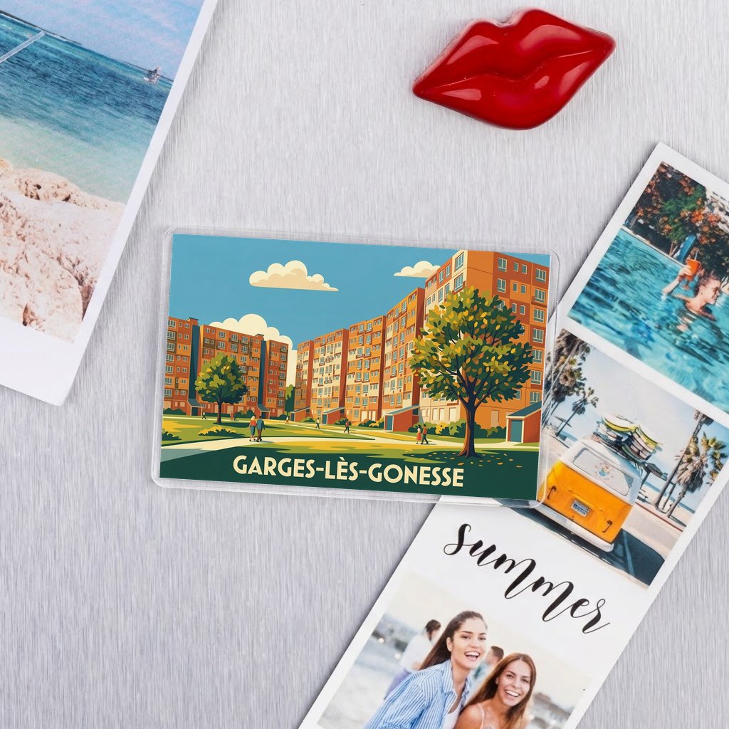 Magnet souvenir de la ville de Garges-lès-Gonesse avec une illustration stylisée.