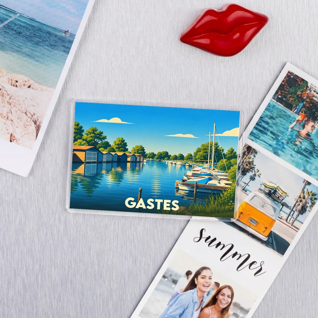 Magnet souvenir de la ville de Gastes avec une illustration stylisée d'un port de plaisance.