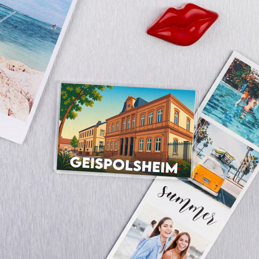 Magnet souvenir de la ville de Geispolsheim avec une illustration stylisée d'un bâtiment local.