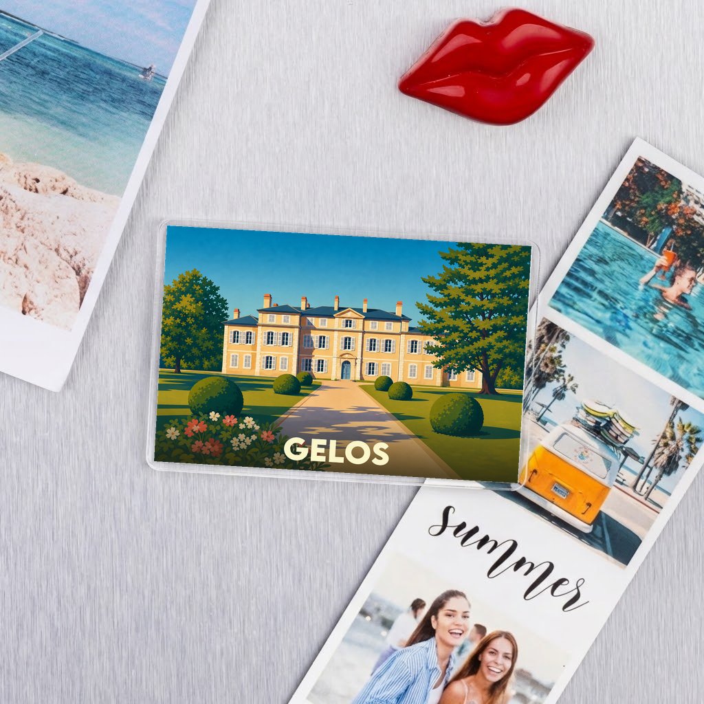 Magnét souvenir de la ville de Gelos avec une illustration stylisée.