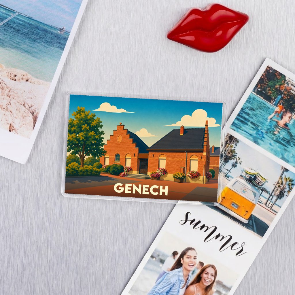 Magnet souvenir de la ville de Genech avec une illustration colorée de maisons en briques.