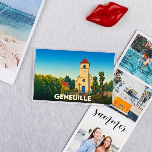Magnet souvenir de la ville de Geneuille avec une illustration stylisée d'une église.
