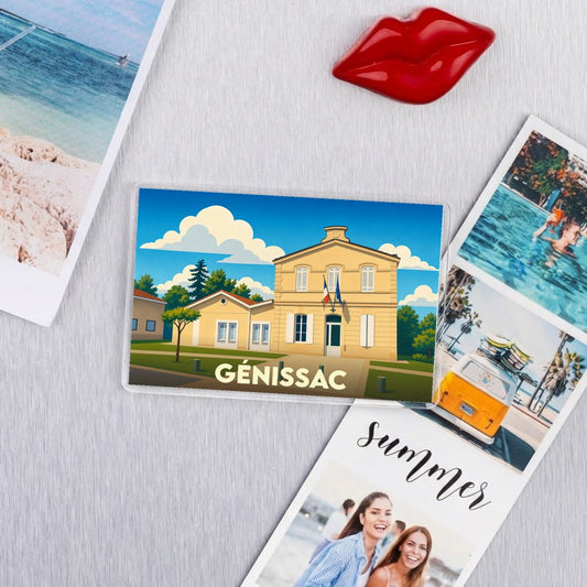 Magnet souvenir de la ville de Génissac avec une illustration stylisée de sa mairie.