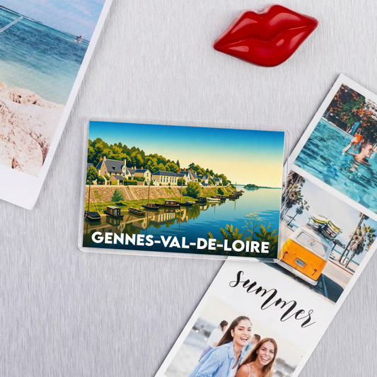 Magnet souvenir de la ville de Gennes-Val-de-Loire avec une illustration stylisée des bords de Loire.
