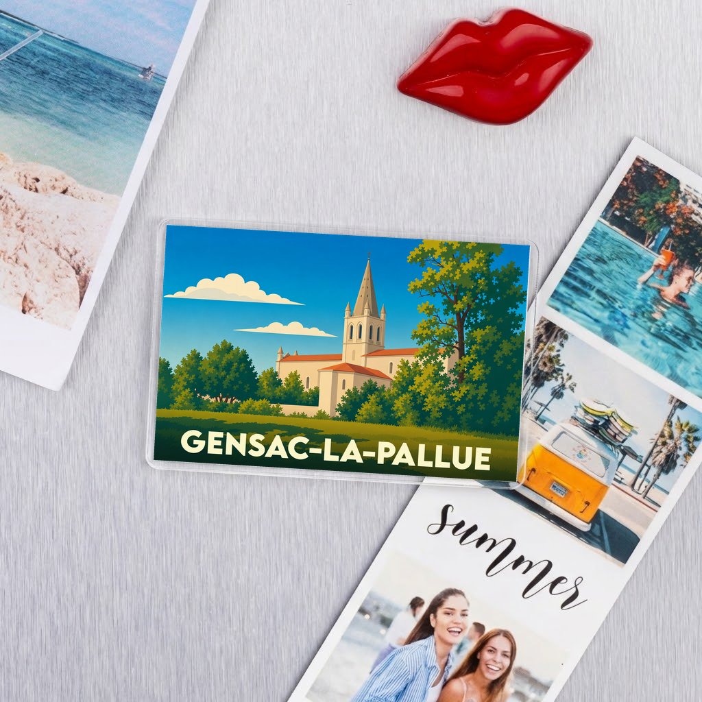 Magnet souvenir de la ville de Gensac-la-Pallue avec une illustration stylisée de son église.