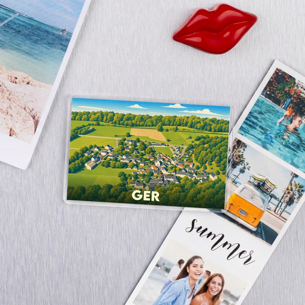 Magnet souvenir de la ville de Ger avec une illustration paysagère stylisée.